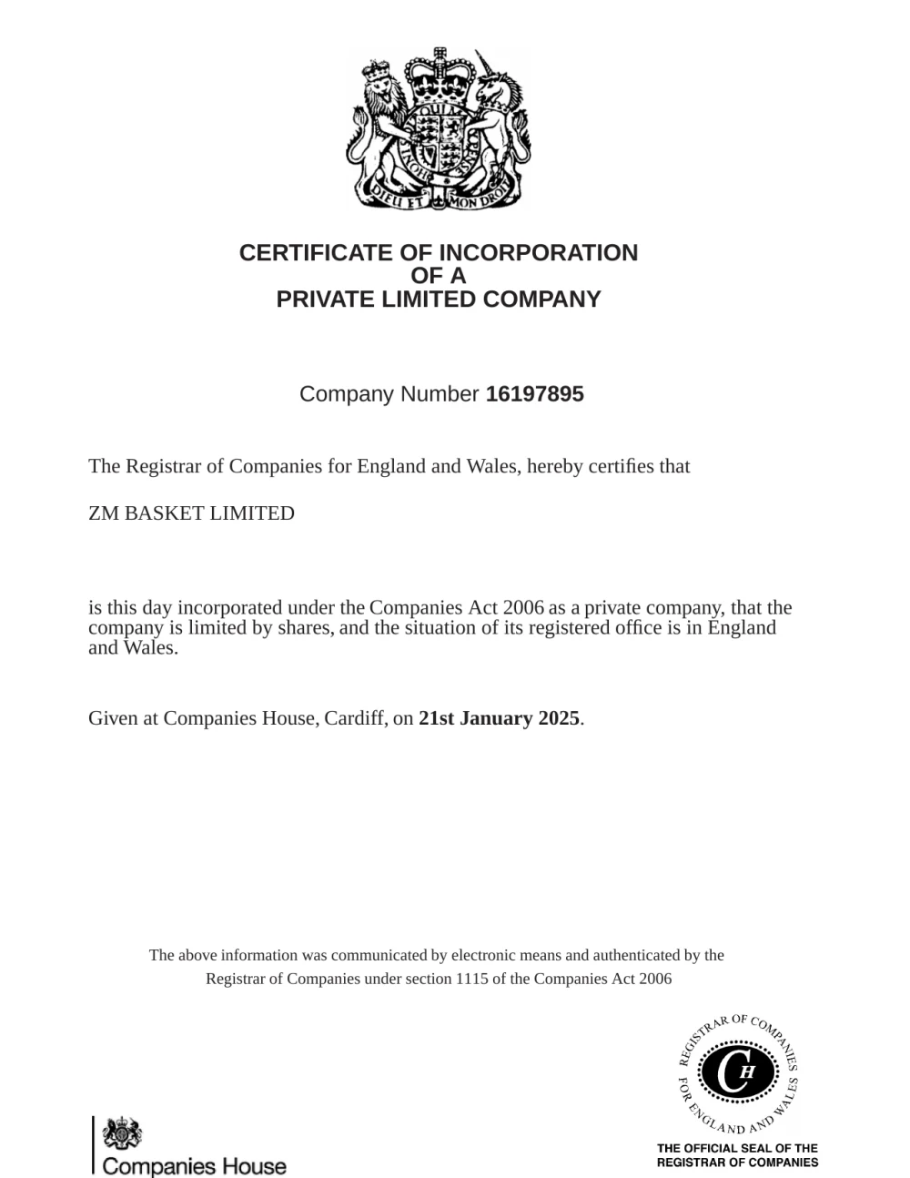 Companies House UK certificate of incorporation