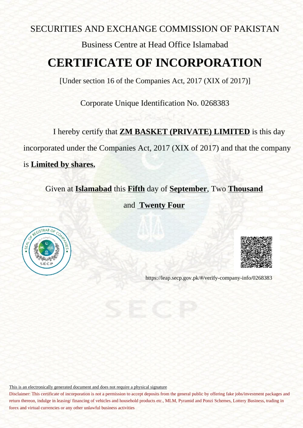 Securities & Exchange Commission of Pakistan (SECP) certificate of incorporation